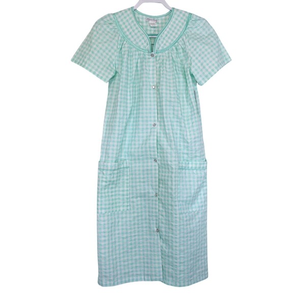Elegant Emily Duster House Coat Robe S Mint Green Gingham Plaid Pearl New NWT - Picture 1 of 10